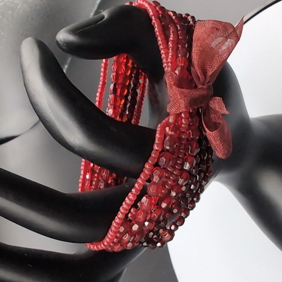 Red Beaded Multi Strand Stretch Bracelet With Red Ribbon Bow - Picture 4 of 9